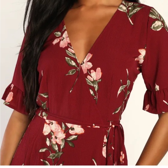 Lulu’s September Sunsets Burgundy Floral Print Wrap Maxi Dress - Picture 6 of 8